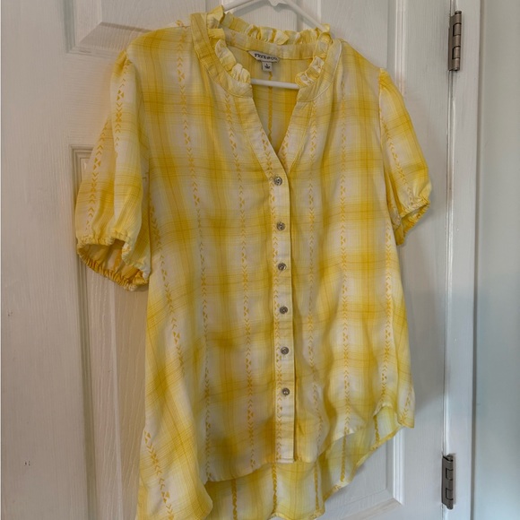 Frye & Co Yellow Plaid Ruffle Blouse Boho Cottagecore Top Size L - Picture 3 of 5